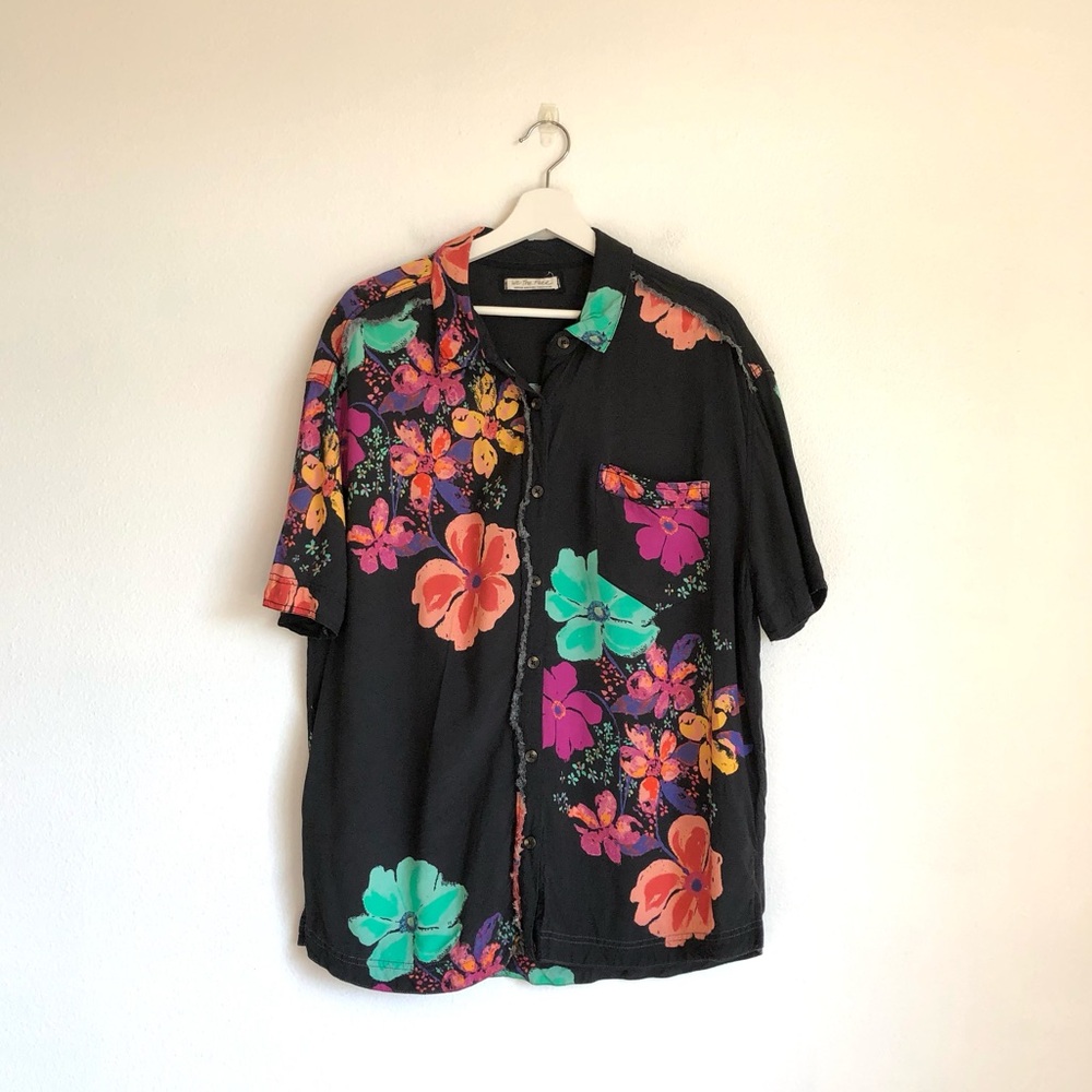We The Free Black Multicolor Floral Frayed Edge Button Up Shirt Top Size Medium